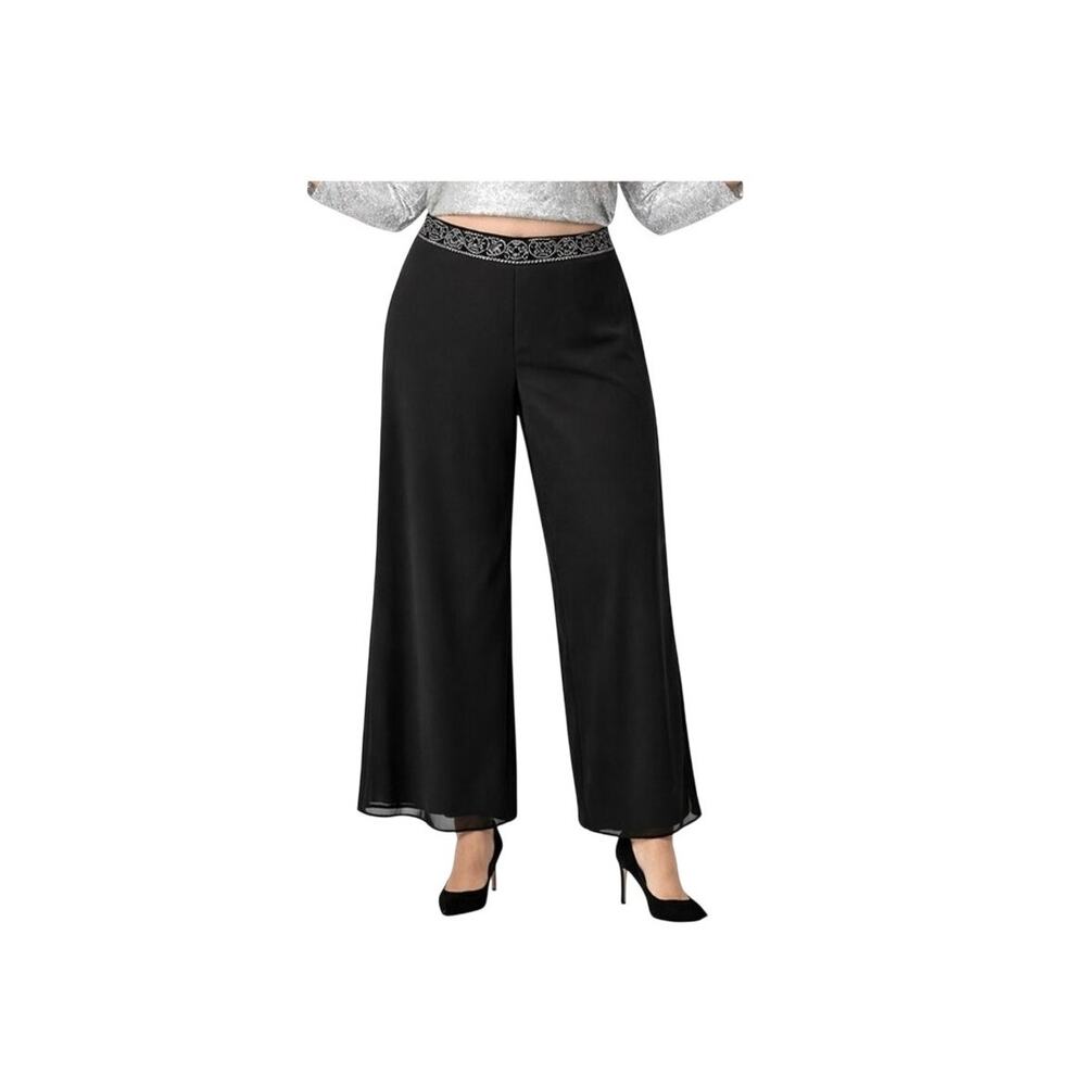 JR Nites Palazzo Pants Womens Size 12 Black Beaded Sheer Wide Leg Evening 1990s